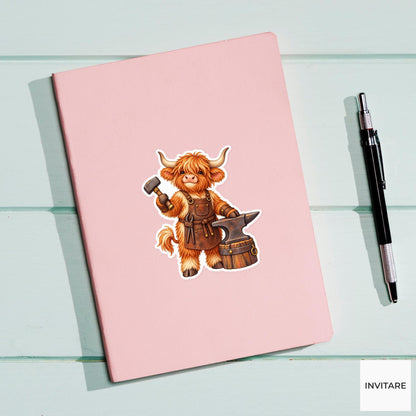 Highland Cow Blacksmith Sticker, Watercolor Medieval Animal for Fantasy Journals and Craft Lover Gifts