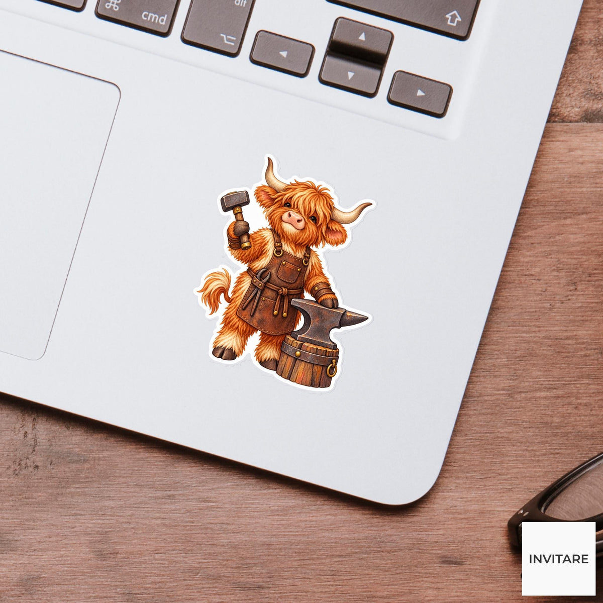 Highland Cow Blacksmith Sticker, Watercolor Medieval Animal for Fantasy Journals and Craft Lover Gifts