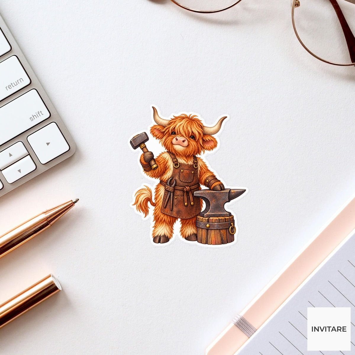 Highland Cow Blacksmith Sticker, Watercolor Medieval Animal for Fantasy Journals and Craft Lover Gifts