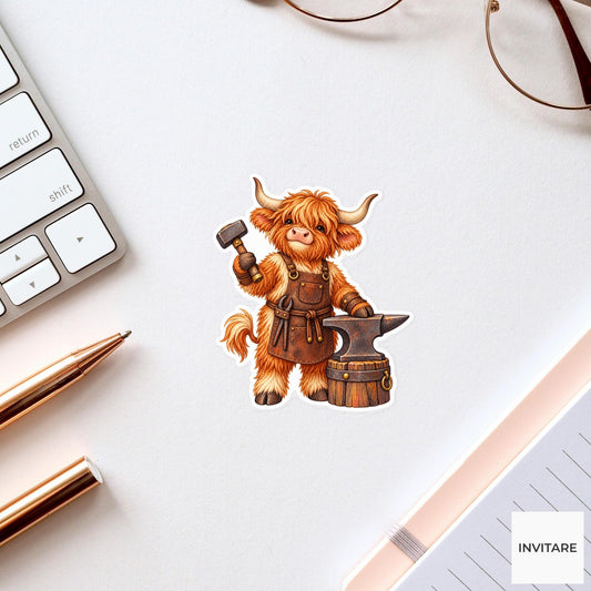 Highland Cow Blacksmith Sticker, Watercolor Medieval Animal for Fantasy Journals and Craft Lover Gifts