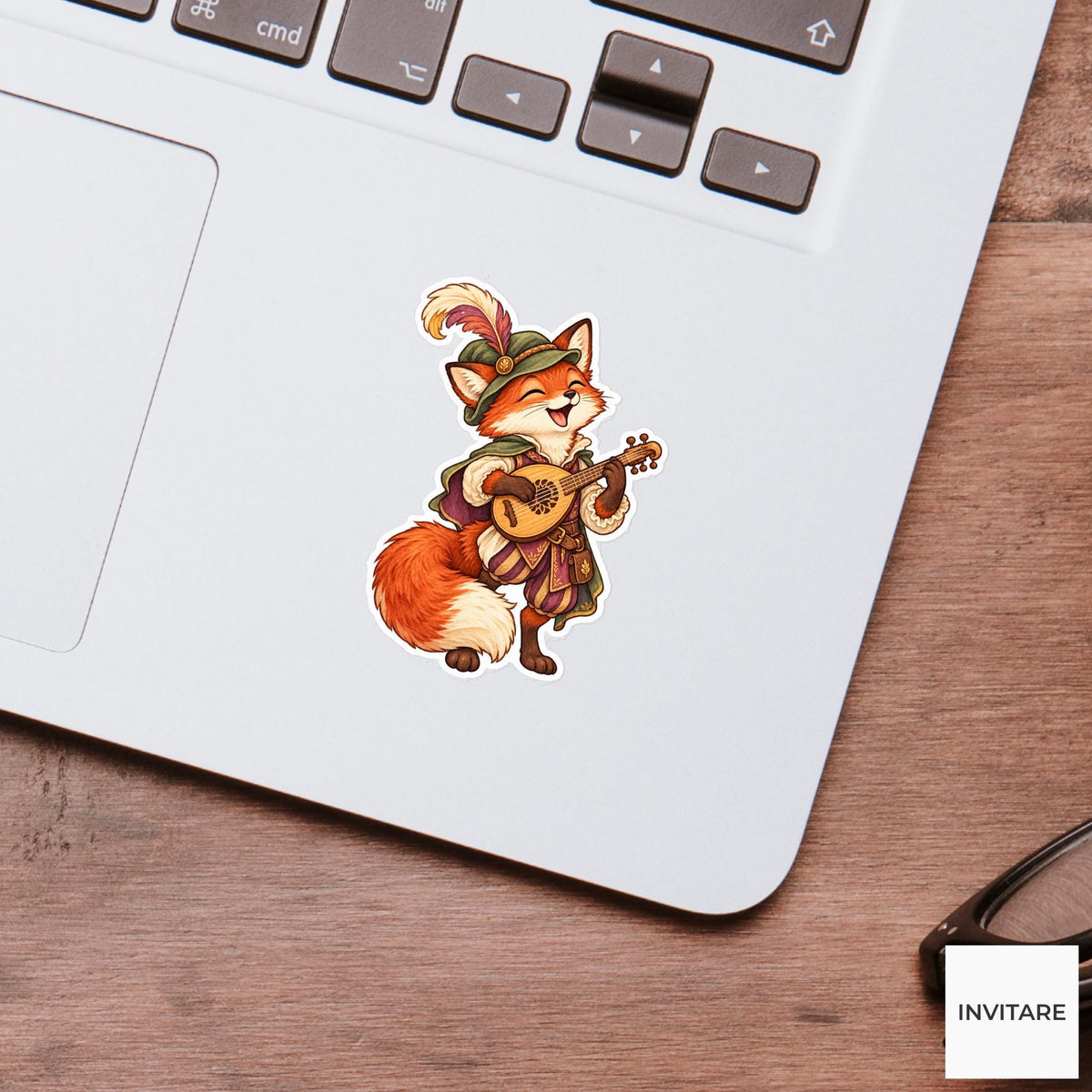 Fox Bard Sticker, Watercolor Medieval Musician with Lute for Fantasy Journals and Music Lovers