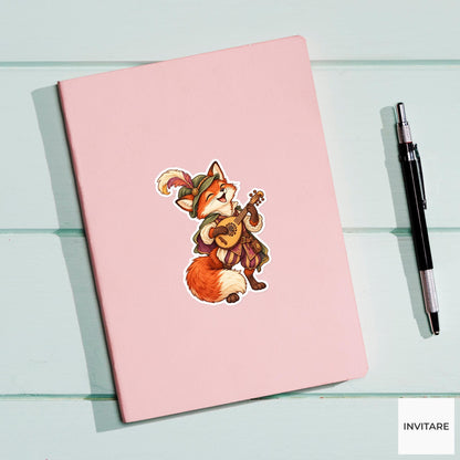 Fox Bard Sticker, Watercolor Medieval Musician with Lute for Fantasy Journals and Music Lovers