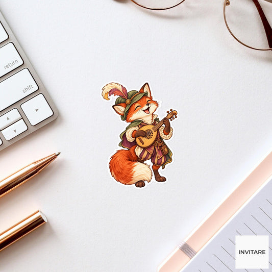 Fox Bard Sticker, Watercolor Medieval Musician with Lute for Fantasy Journals and Music Lovers