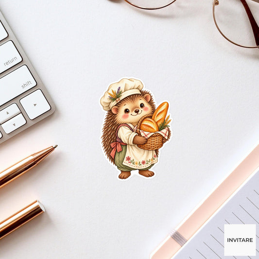 Hedgehog Baker Sticker, Watercolor Medieval Animal with Bread Basket for Recipe Journals and Gifts