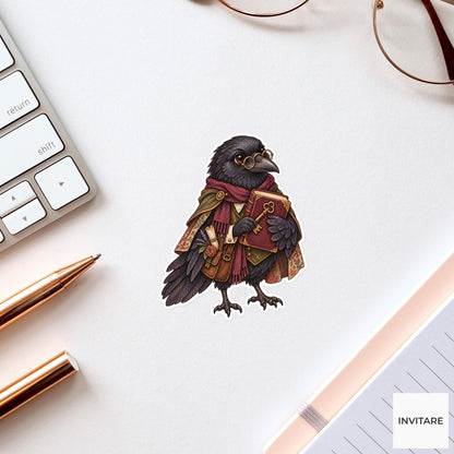 Raven Archivist Sticker, Watercolor Dark Academia Bird for Bookish Journals and Antique Library Lovers