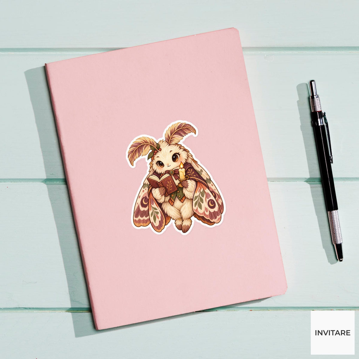 Moth Reader Sticker, Watercolor Dark Academia Animal with Candle for Bookish Journals and Gifts