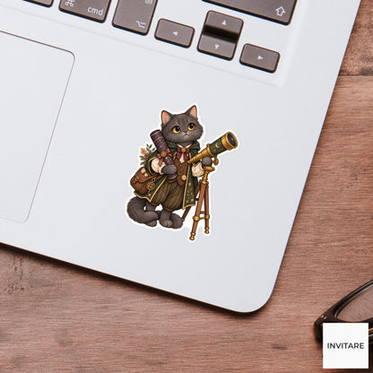 Cat Astronomer Sticker, Watercolor Dark Academia Animal with Telescope for Celestial Journals and Gifts