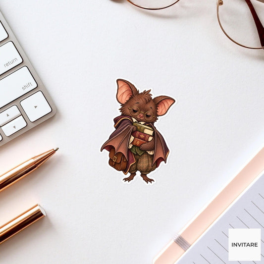 Sleepy Bat Student Sticker, Watercolor Dark Academia Animal with Books for Journals and Gifts