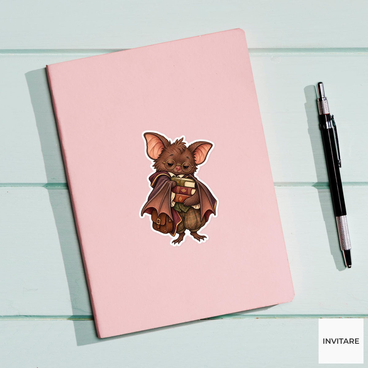 Sleepy Bat Student Sticker, Watercolor Dark Academia Animal with Books for Journals and Gifts