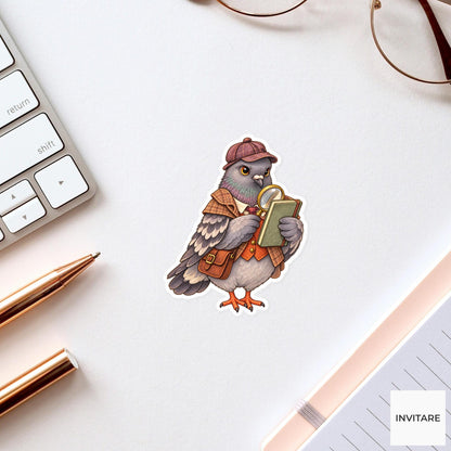 Pigeon Detective Sticker, Watercolor Dark Academia Bird with Magnifying Glass for Journals and Gifts