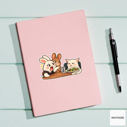 Rabbit Yelling at Cat Vinyl Sticker, Funny Dinner Meme with Salad