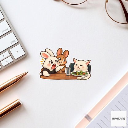 Rabbit Yelling at Cat Vinyl Sticker, Funny Dinner Meme with Salad
