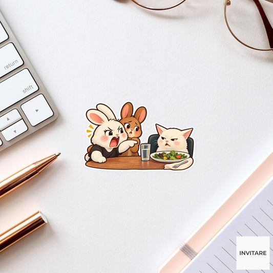 Rabbit Yelling at Cat Vinyl Sticker, Funny Dinner Meme with Salad