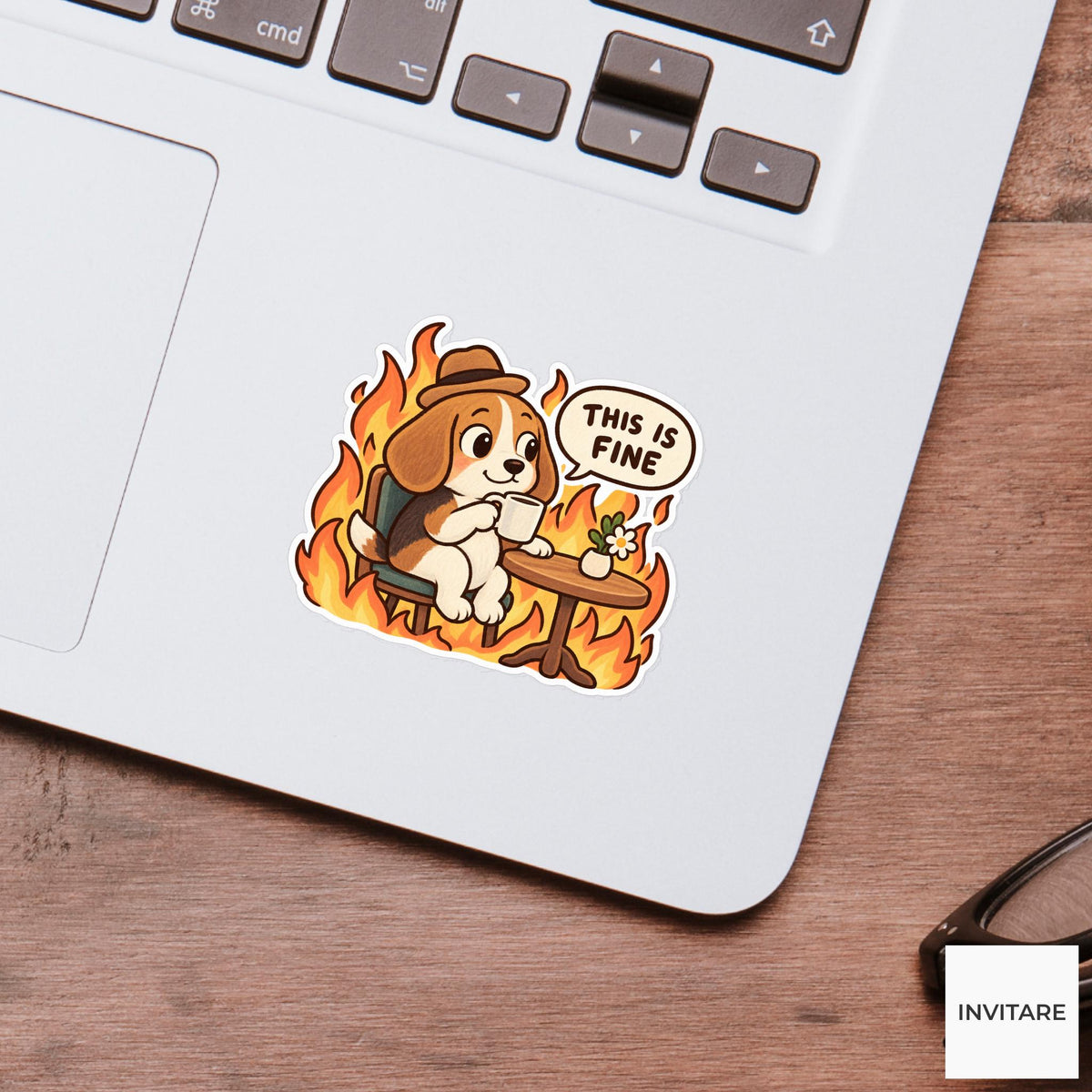 This Is Fine Beagle Vinyl Sticker, Funny Dog Drinking Tea in Flames