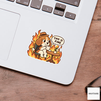 This Is Fine Beagle Vinyl Sticker, Funny Dog Drinking Tea in Flames