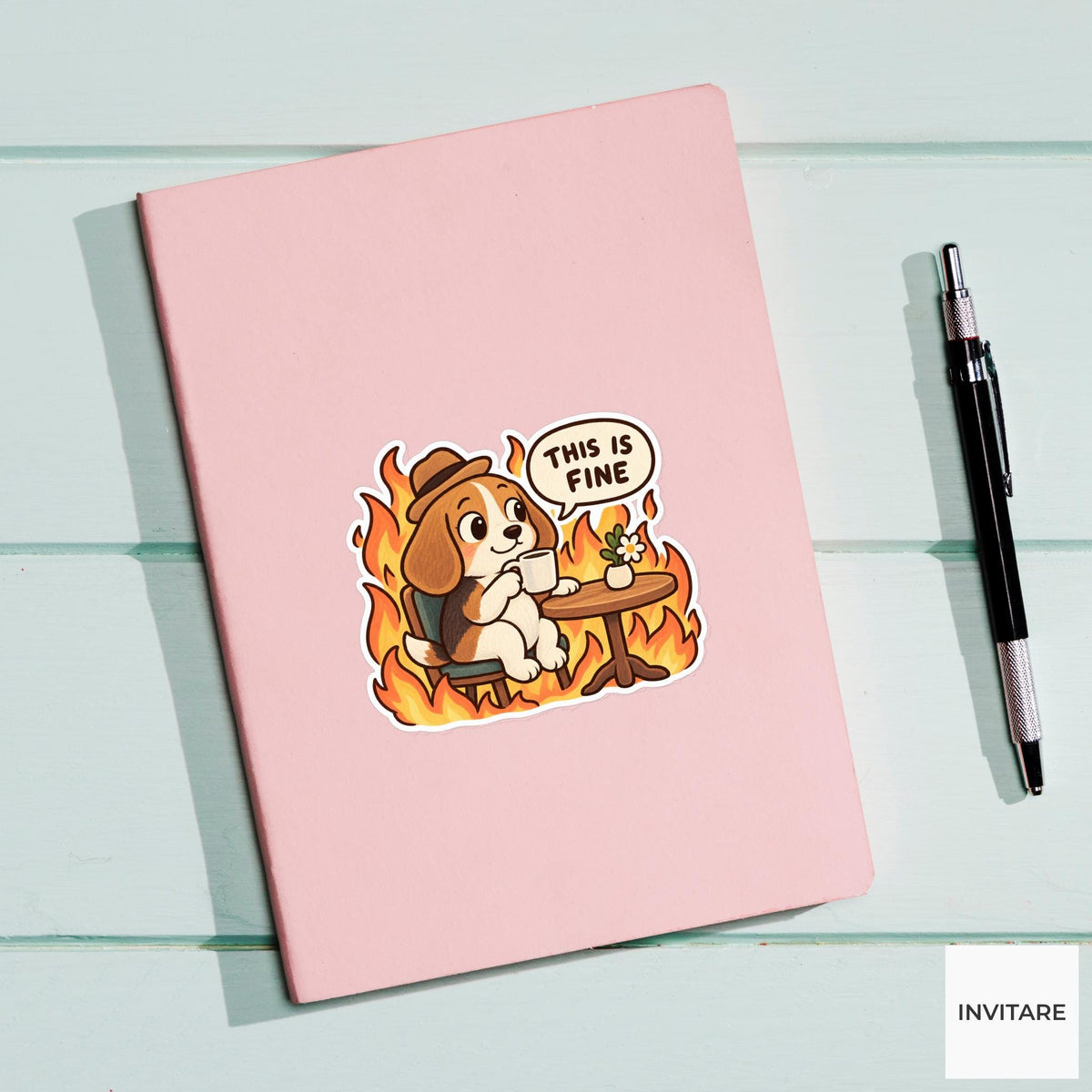 This Is Fine Beagle Vinyl Sticker, Funny Dog Drinking Tea in Flames
