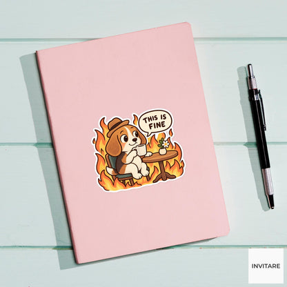 This Is Fine Beagle Vinyl Sticker, Funny Dog Drinking Tea in Flames