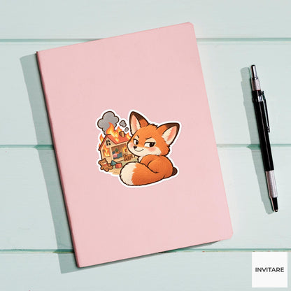 Mischievous Fox Vinyl Sticker, Funny Smirking Cub with Burning Toy House