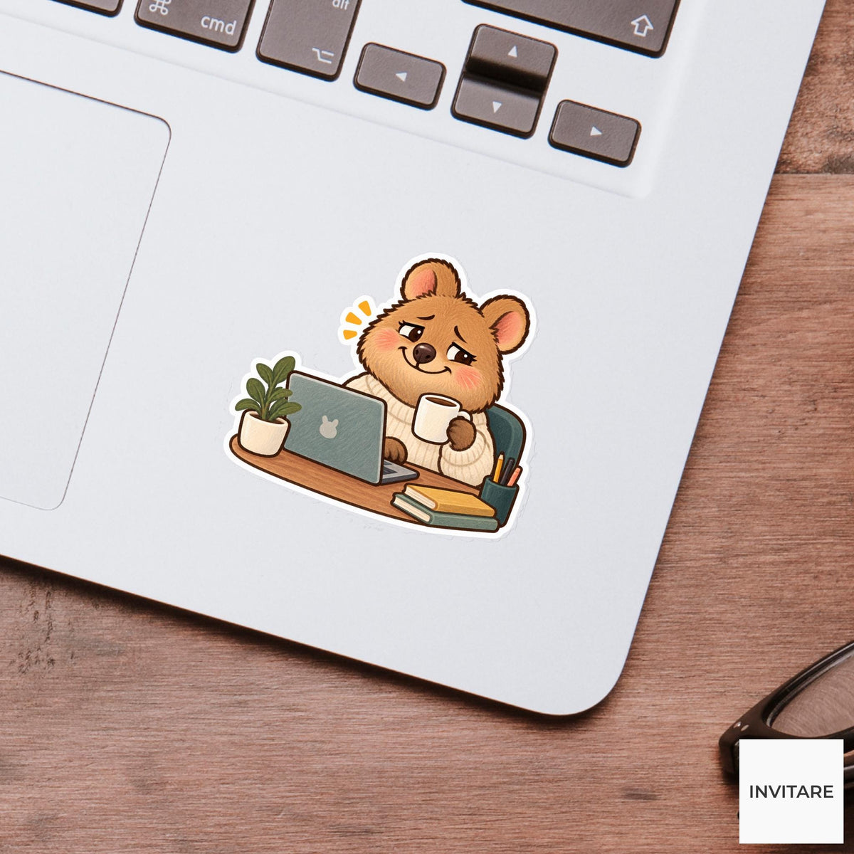 Tired Quokka Vinyl Sticker, Funny Smiling Animal with Coffee and Laptop