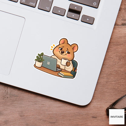 Tired Quokka Vinyl Sticker, Funny Smiling Animal with Coffee and Laptop