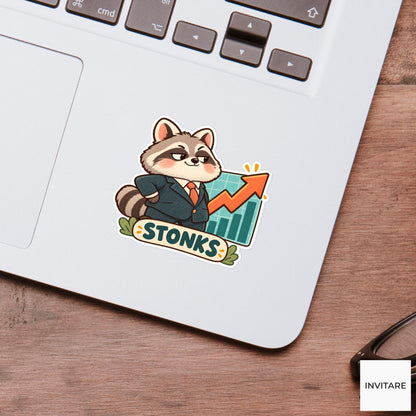 Stonks Raccoon Vinyl Sticker, Funny Business Animal with Rising Stock Chart