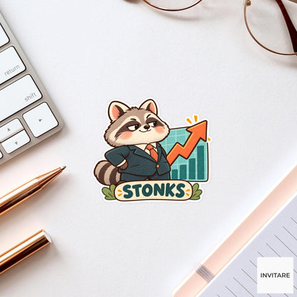 Stonks Raccoon Vinyl Sticker, Funny Business Animal with Rising Stock Chart