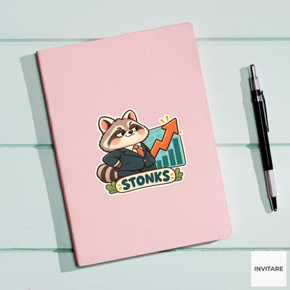 Stonks Raccoon Vinyl Sticker, Funny Business Animal with Rising Stock Chart