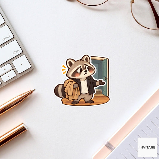 Confused Raccoon Vinyl Sticker, Funny Lost Animal Waiting by Doorway