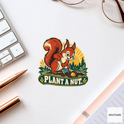Acorn Planting Squirrel Vinyl Sticker, Funny Retro Poster for Journals and Laptops
