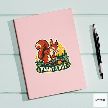 Acorn Planting Squirrel Vinyl Sticker, Funny Retro Poster for Journals and Laptops