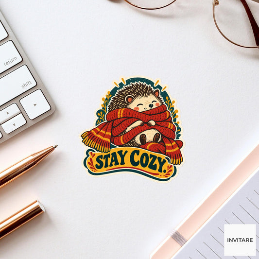Cozy Scarf Hedgehog Vinyl Sticker, Funny Retro Poster for Journals and Laptops