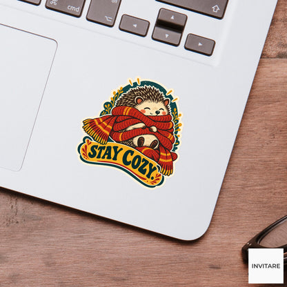 Cozy Scarf Hedgehog Vinyl Sticker, Funny Retro Poster for Journals and Laptops