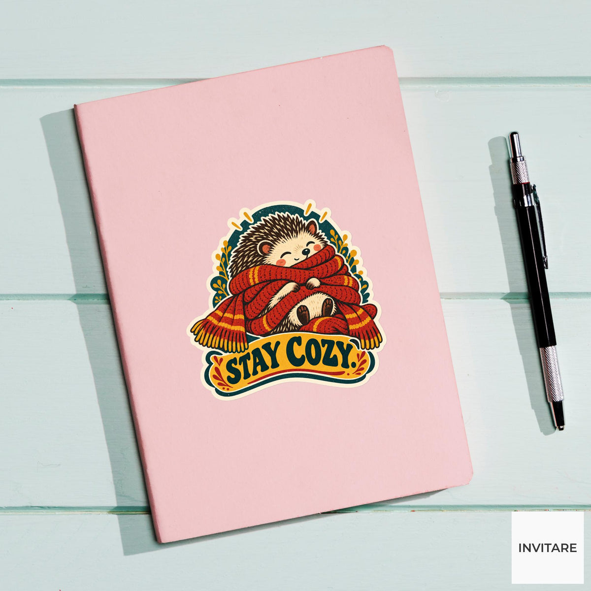 Cozy Scarf Hedgehog Vinyl Sticker, Funny Retro Poster for Journals and Laptops