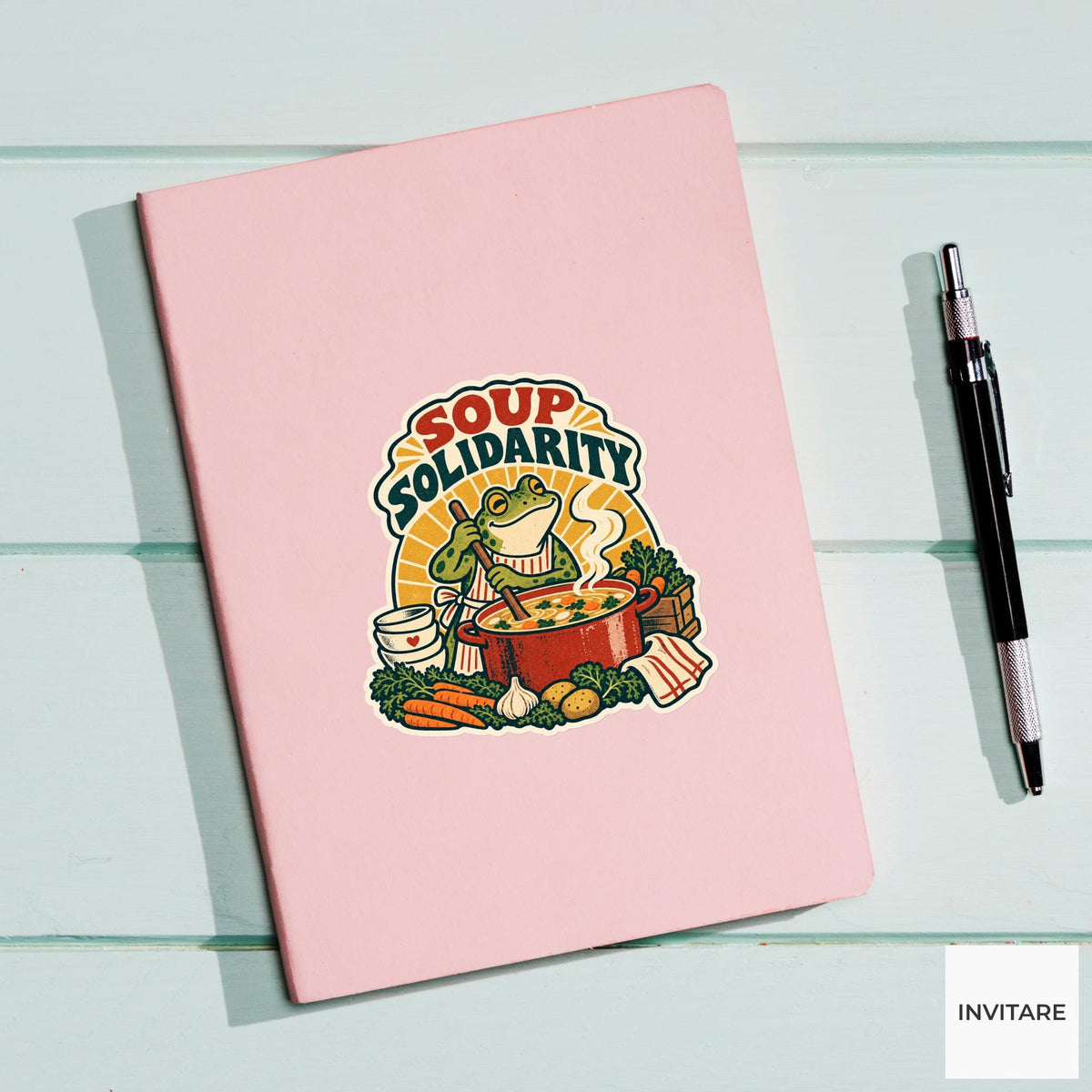 Community Soup Frog Vinyl Sticker, Funny Retro Poster for Journals and Laptops
