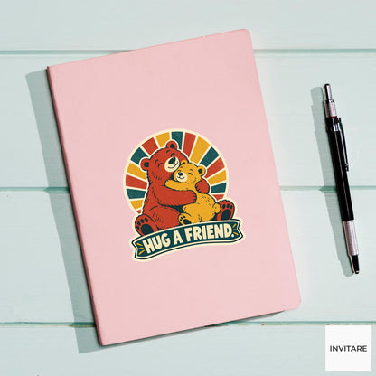 Bear Hug Vinyl Sticker, Funny Retro Poster for Journals and Laptops