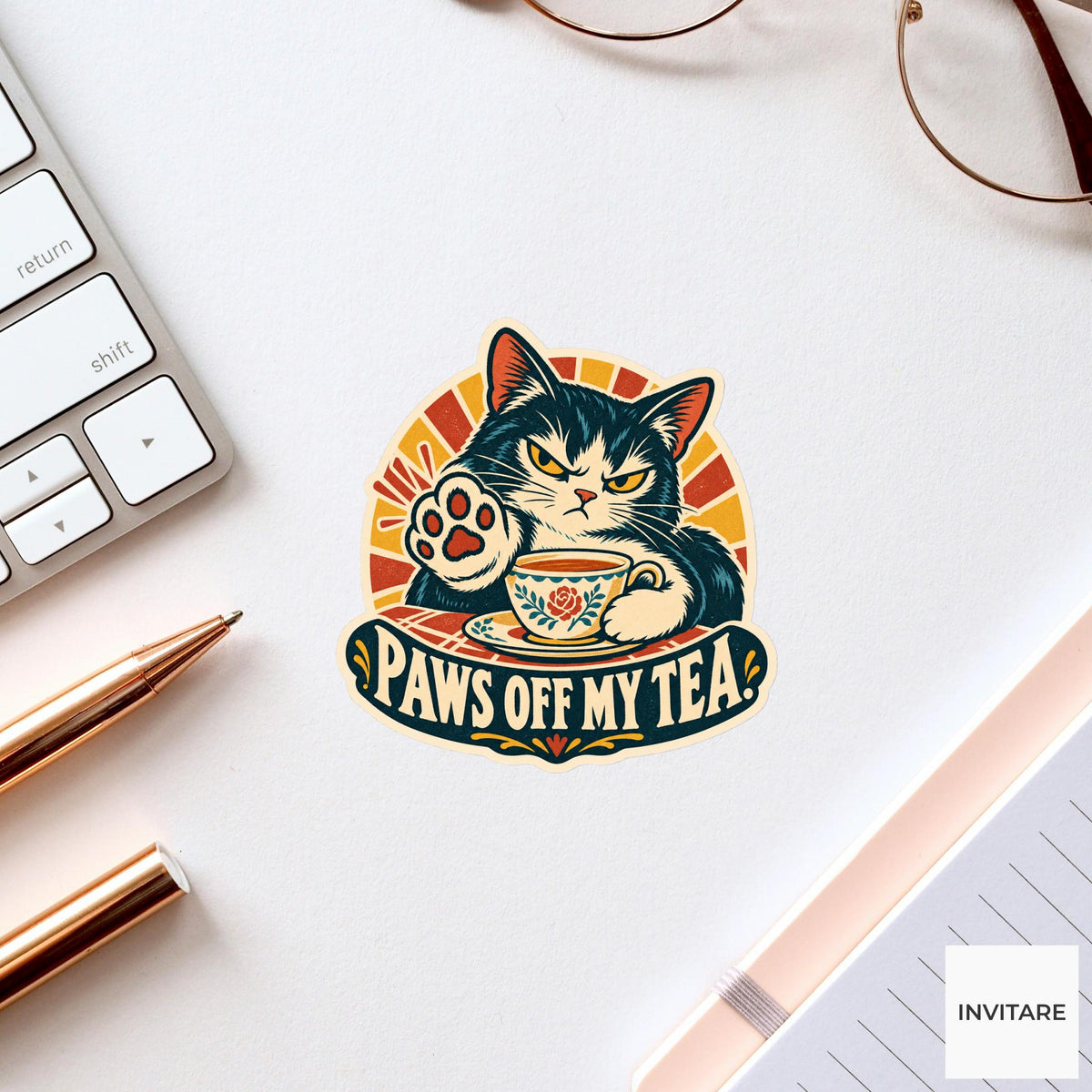 Protective Teacup Cat Vinyl Sticker, Funny Retro Poster for Journals and Laptops