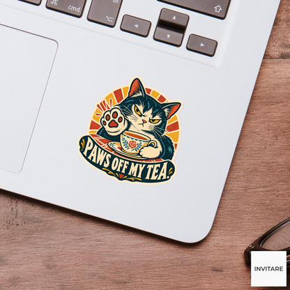 Protective Teacup Cat Vinyl Sticker, Funny Retro Poster for Journals and Laptops