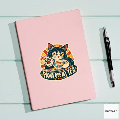 Protective Teacup Cat Vinyl Sticker, Funny Retro Poster for Journals and Laptops