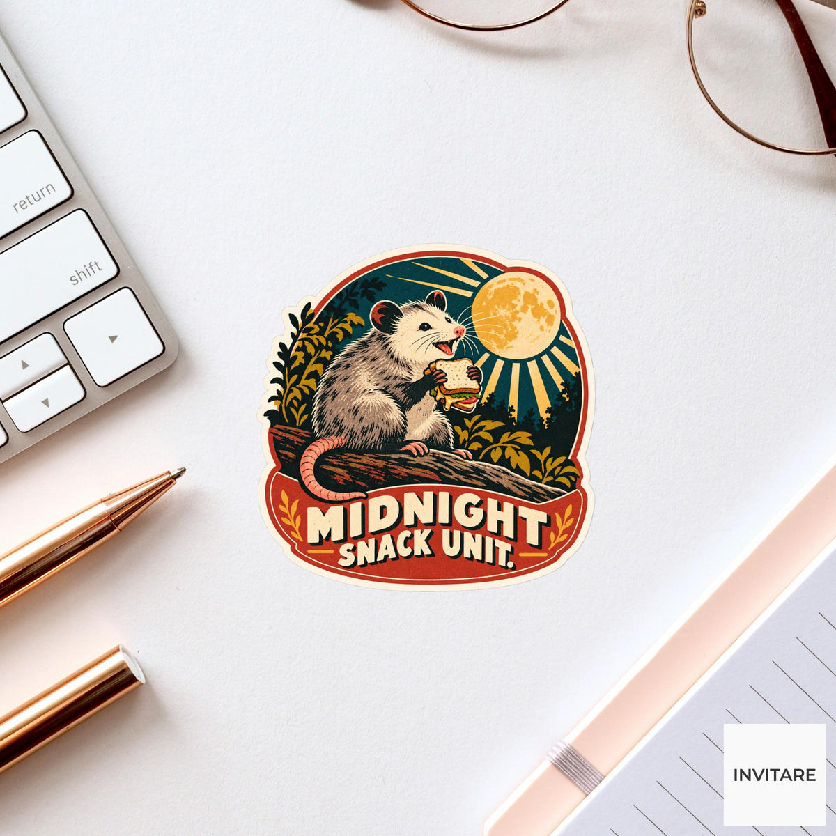 Moonlight Sandwich Opossum Vinyl Sticker, Funny Retro Poster for Journals and Laptops