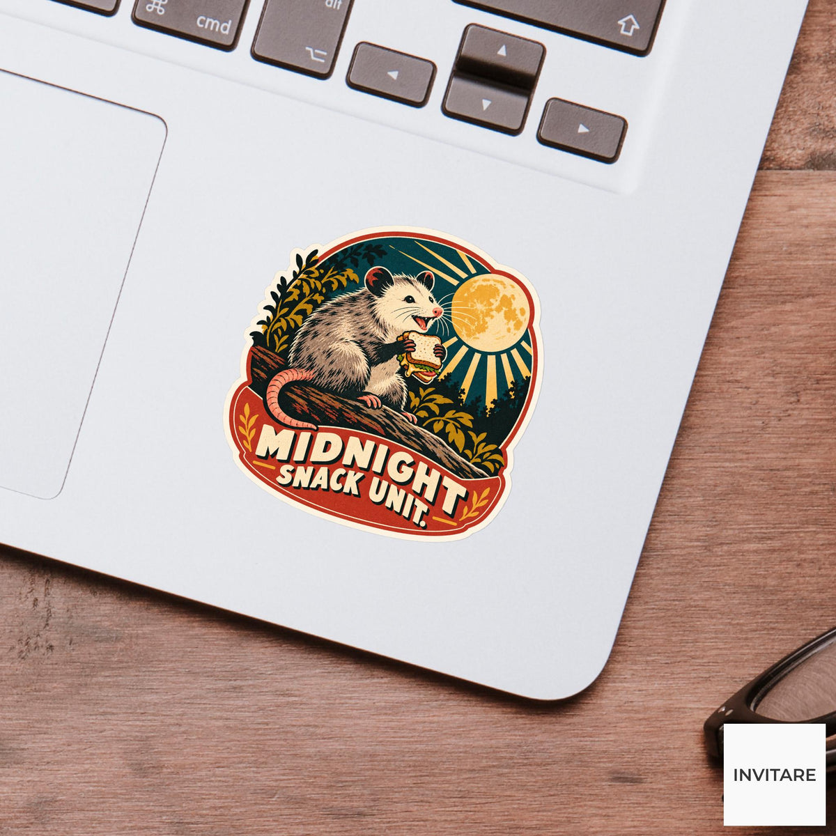 Moonlight Sandwich Opossum Vinyl Sticker, Funny Retro Poster for Journals and Laptops