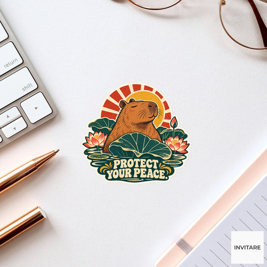 Calm Capybara Vinyl Sticker, Funny Retro Poster for Journals and Laptops