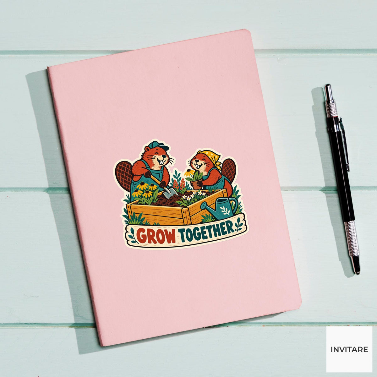 Building Beavers Vinyl Sticker, Funny Retro Poster for Journals and Laptops