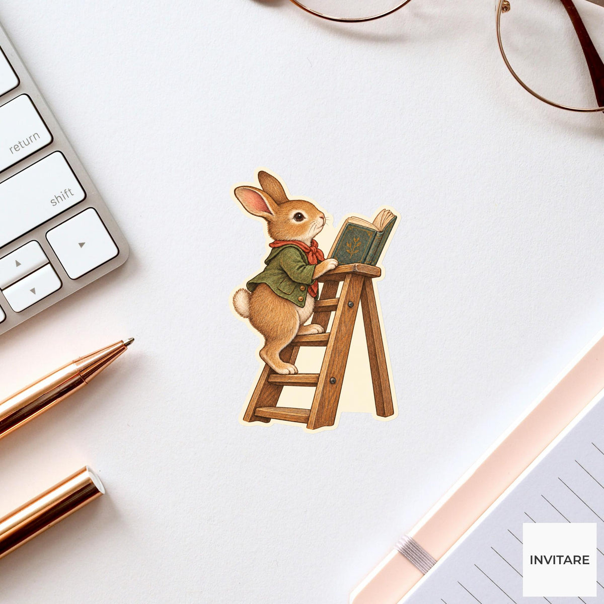 Rabbit Library Ladder Reader Vinyl Sticker, Bookish Animal Art for Journals and Laptops