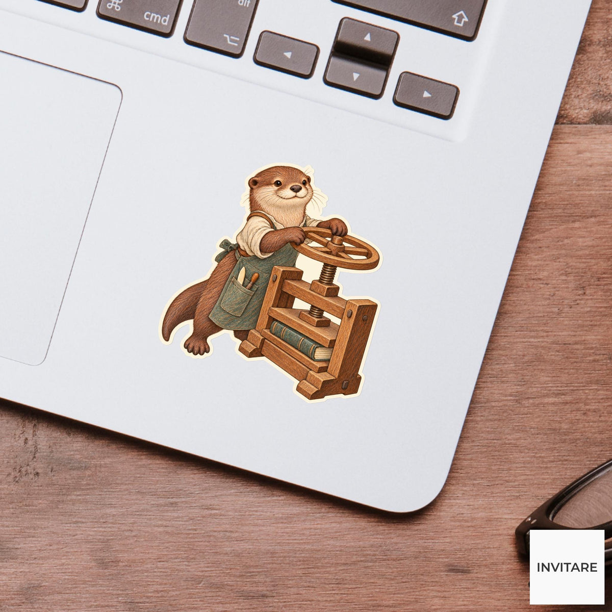 Otter Wooden Book Press Vinyl Sticker, Bookish Animal Art for Journals and Laptops