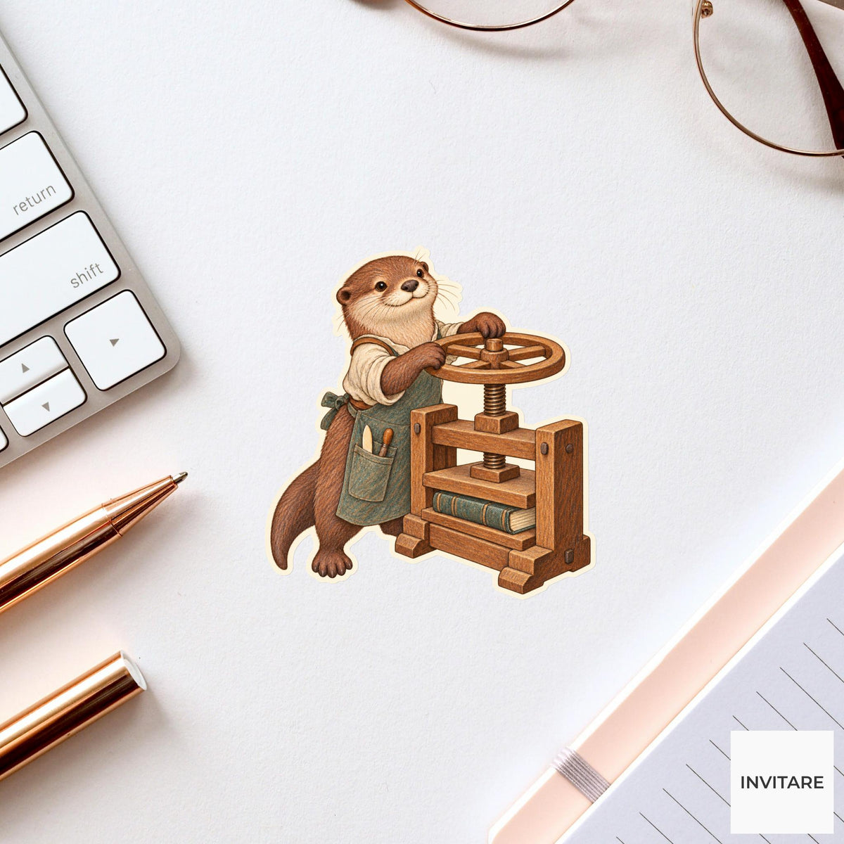 Otter Wooden Book Press Vinyl Sticker, Bookish Animal Art for Journals and Laptops