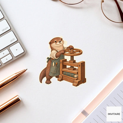 Otter Wooden Book Press Vinyl Sticker, Bookish Animal Art for Journals and Laptops