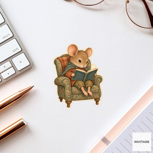 Mouse Reading Armchair Vinyl Sticker, Bookish Animal Art for Journals and Laptops