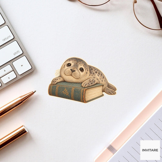 Seal Sleeping Book Pillow Vinyl Sticker, Bookish Animal Art for Journals and Laptops