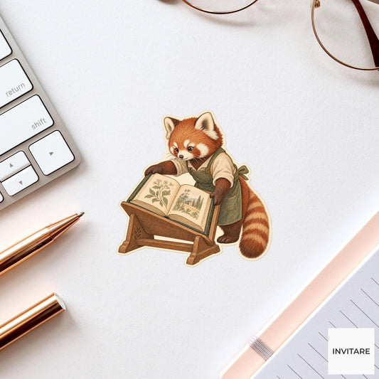 Red Panda Wooden Reading Stand Vinyl Sticker, Bookish Animal Art for Journals and Laptops