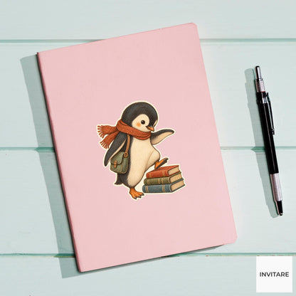 Penguin Book Stack Step Vinyl Sticker, Bookish Animal Art for Journals and Laptops